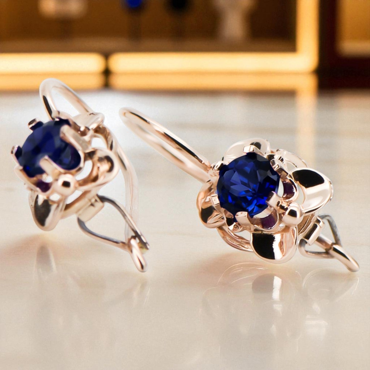 Vintage craft Earrings Sapphire Original Vintage 14K Rose Gold vec116r