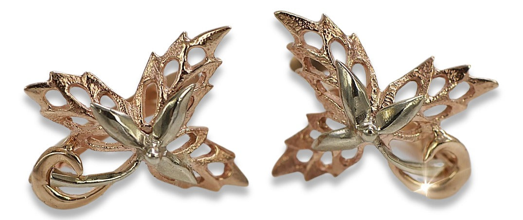 Vintage rose pink 14k 585 gold maple leaf earrings ven177