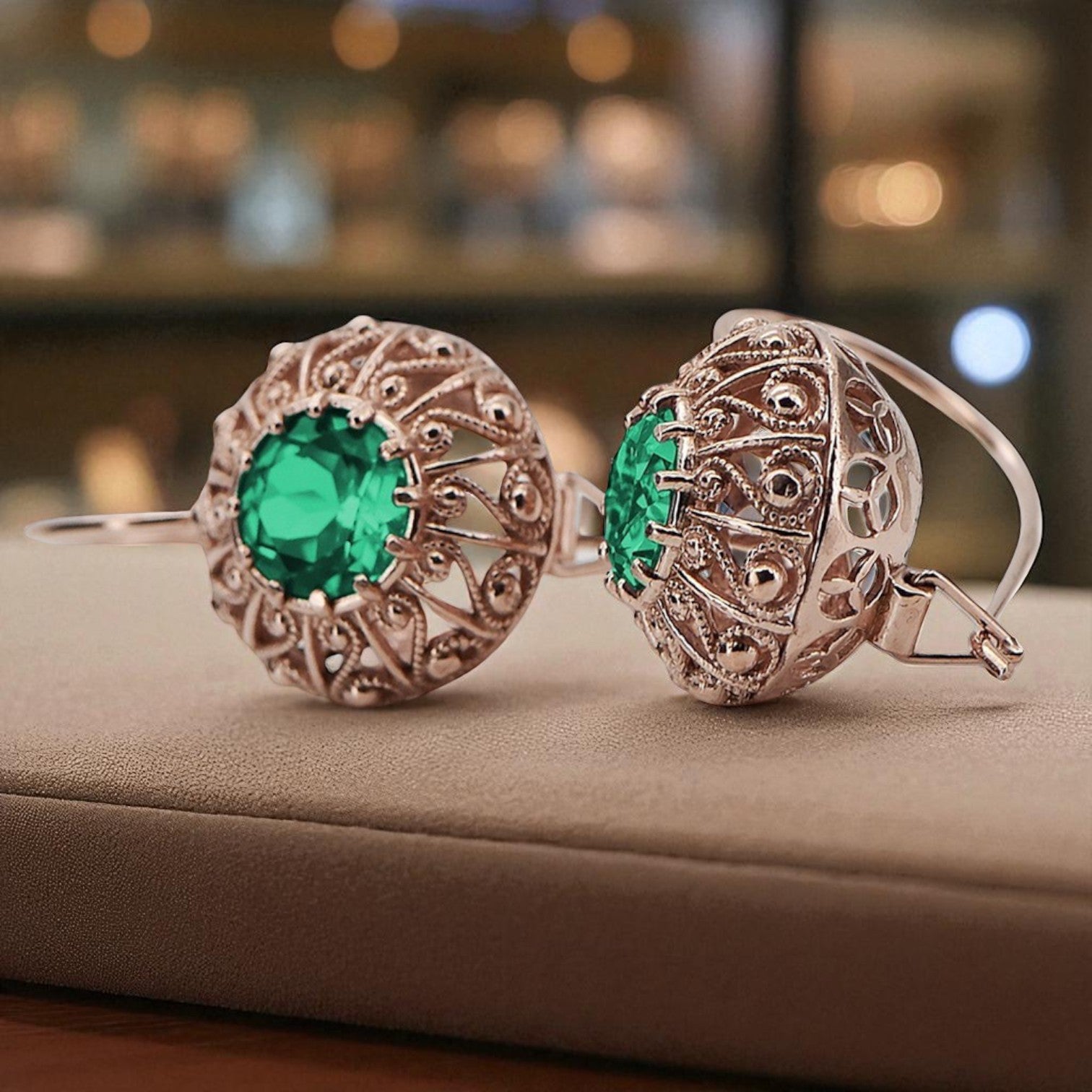 Vintage rose pink 14k 585 gold emerald earrings vec002 Russian Soviet style vec002r-em