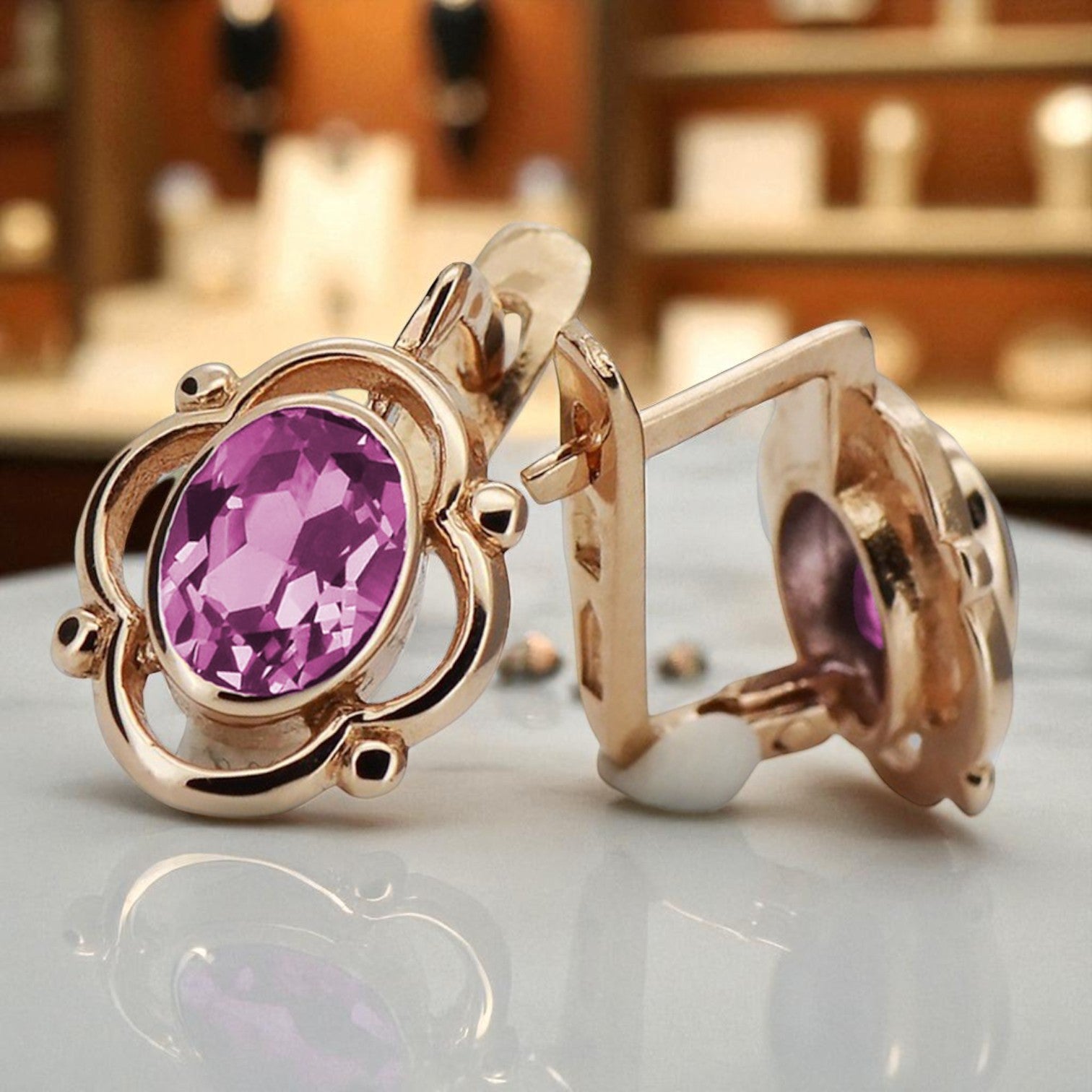 Vintage rose pink 14k 585 gold amethyst earrings vec033 Russian Soviet style vec033r-am