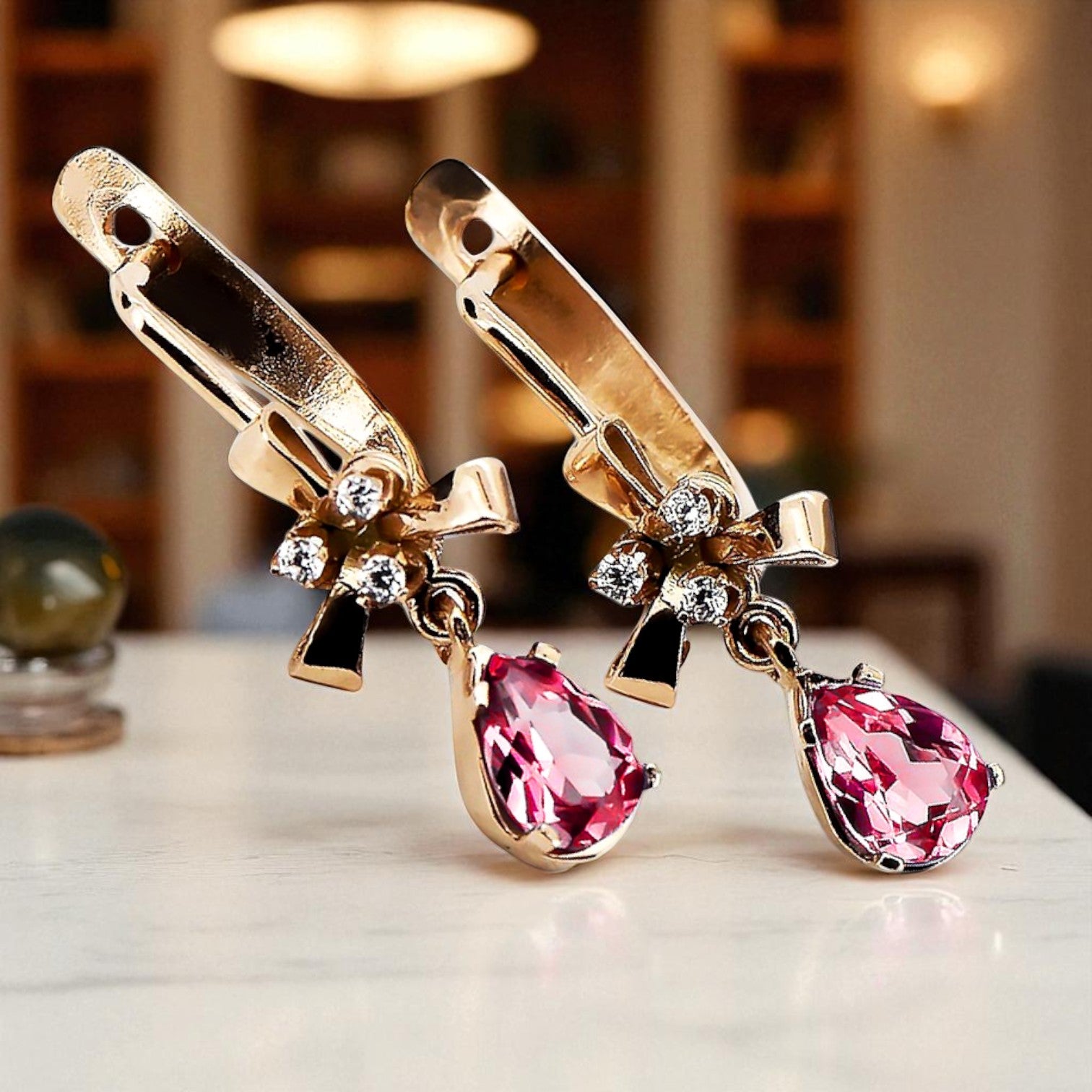Rose pink 14k 585 gold ruby earrings vec045 Vintage Russian Soviet style