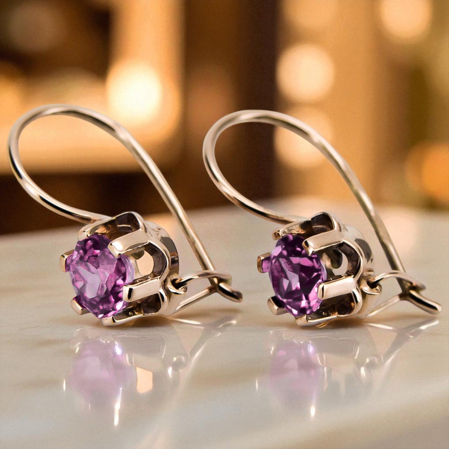 Rose pink 14k 585 gold amethyst earrings vec019 Vintage Russian Soviet style vec019r-am