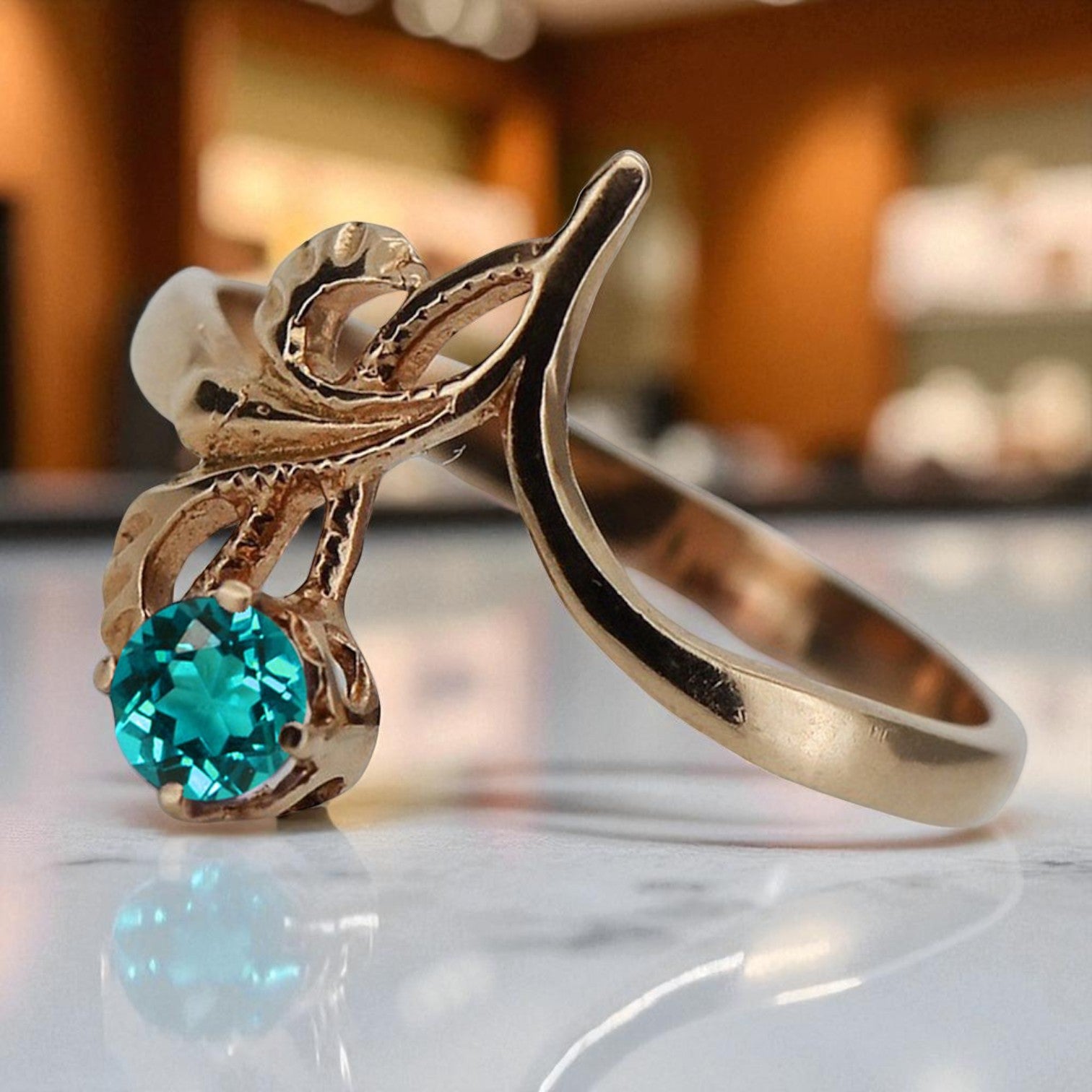 Vintage Rose pink 14k Gold 585 Aquamarine Ring vrc095 Vintage