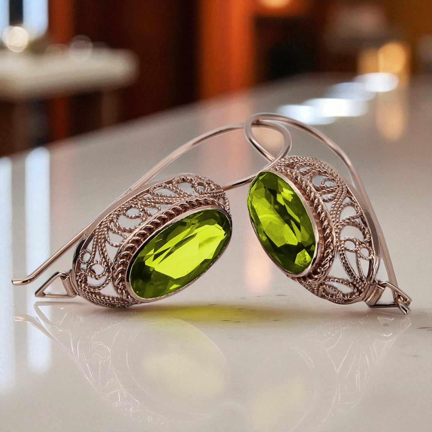 Rose pink 14k 585 gold peridot earrings vec023 Vintage Russian Soviet style vec023r-yp