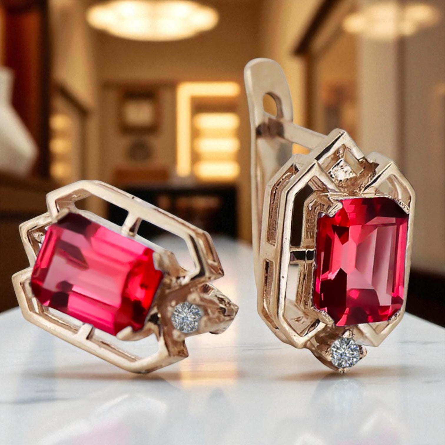 Ruby diamonds Vintage Earrings craft Original 14K Rose Gold vec020r