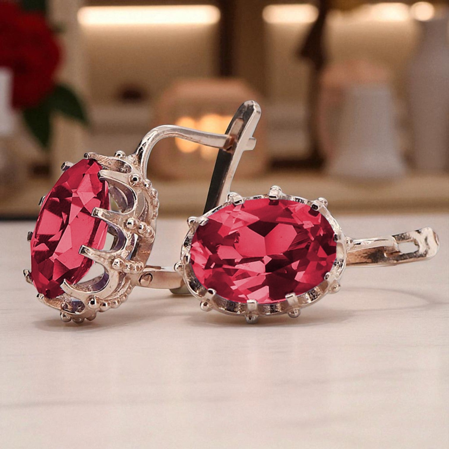 Vintage rose pink 14k 585 gold ruby lady earrings vec079