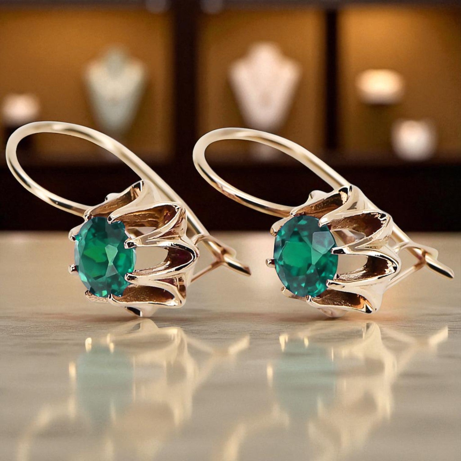 Rose pink 14k 585 gold emerald earrings vec092 Vintage Russian Soviet style