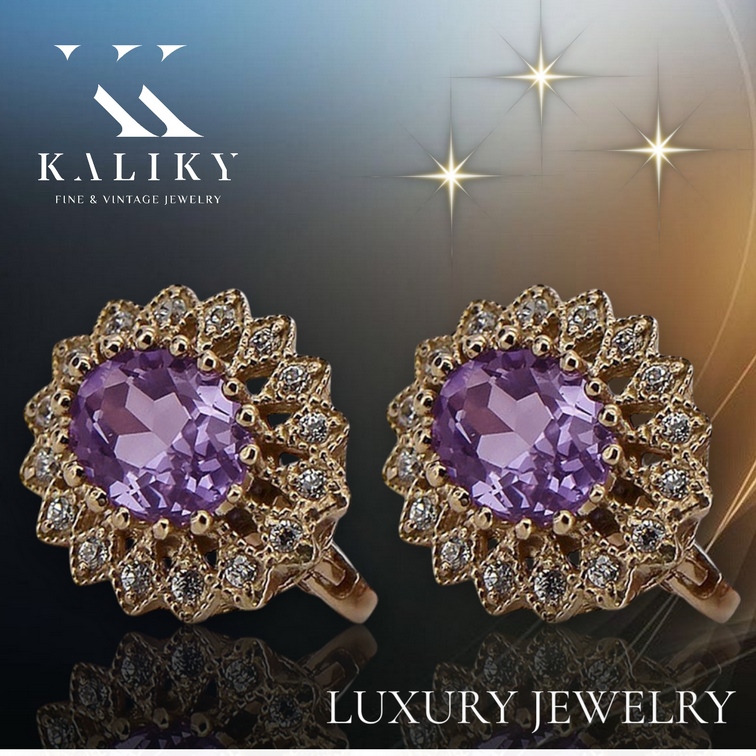 Vintage rose pink 14k 585 gold amethyst earrings vec125 Vintage vec125r-am