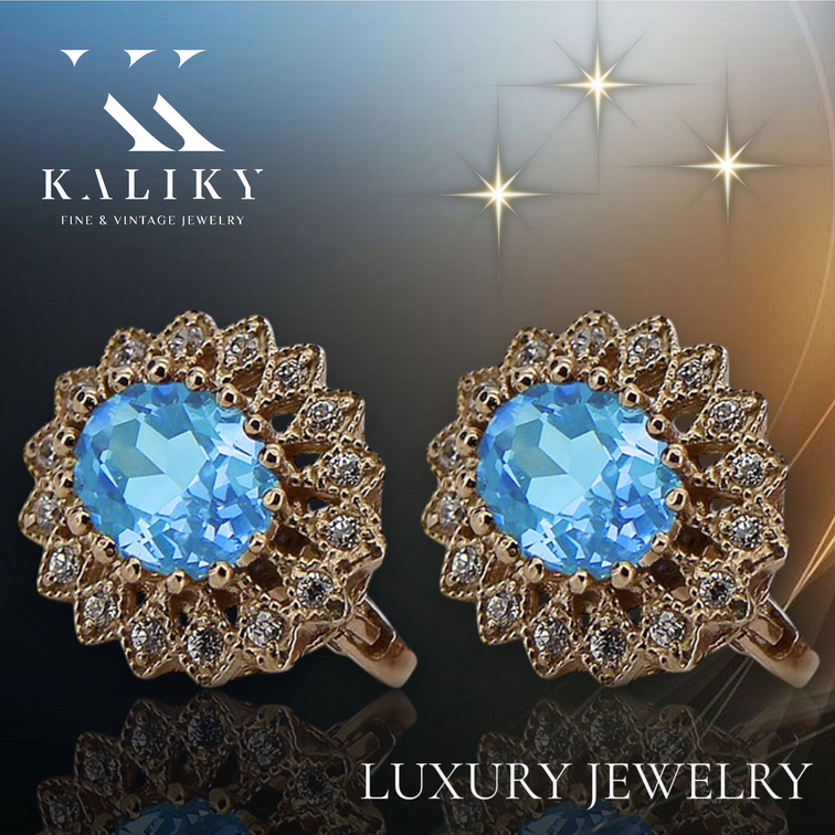 Vintage rose pink 14k 585 gold aquamarine earrings vec125 Vintage vec125r-aq