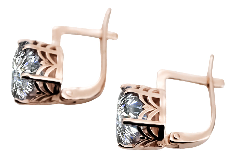 Rose pink 14k 585 gold zircon earrings vec003 Vintage Russian Soviet style vec003r-zi