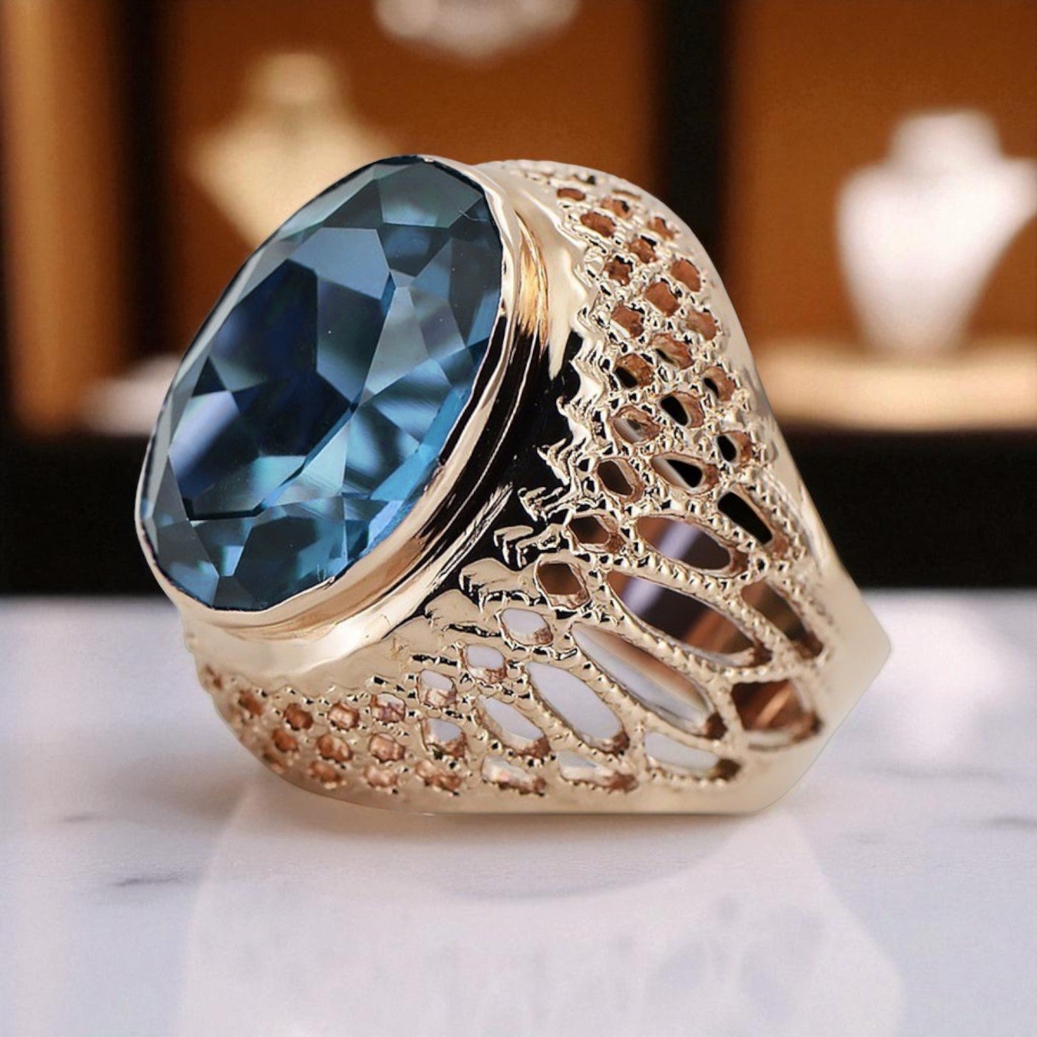 Silver 925 Rose Gold Plated Aquamarine Ring vrc089rp Vintage