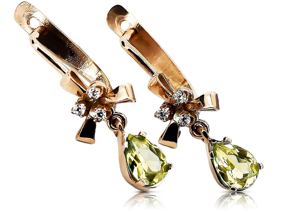 Rose pink 14k 585 gold peridot earrings vec045 Vintage Russian Soviet style vec045r-yp
