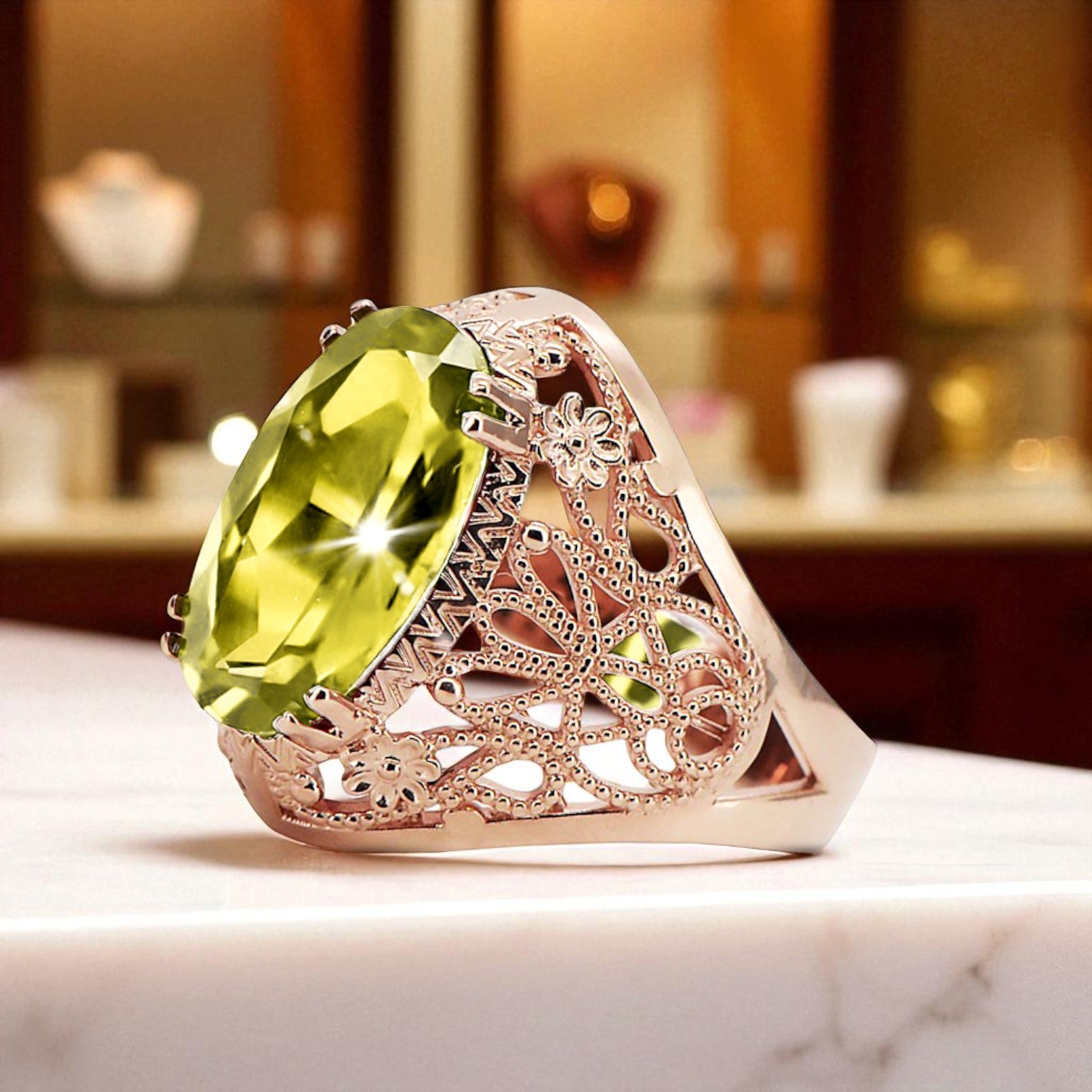 Vintage Jewlery Ring Yellow Peridot Original Vintage 14K Rose Gold vrc074r vrc074r-yp