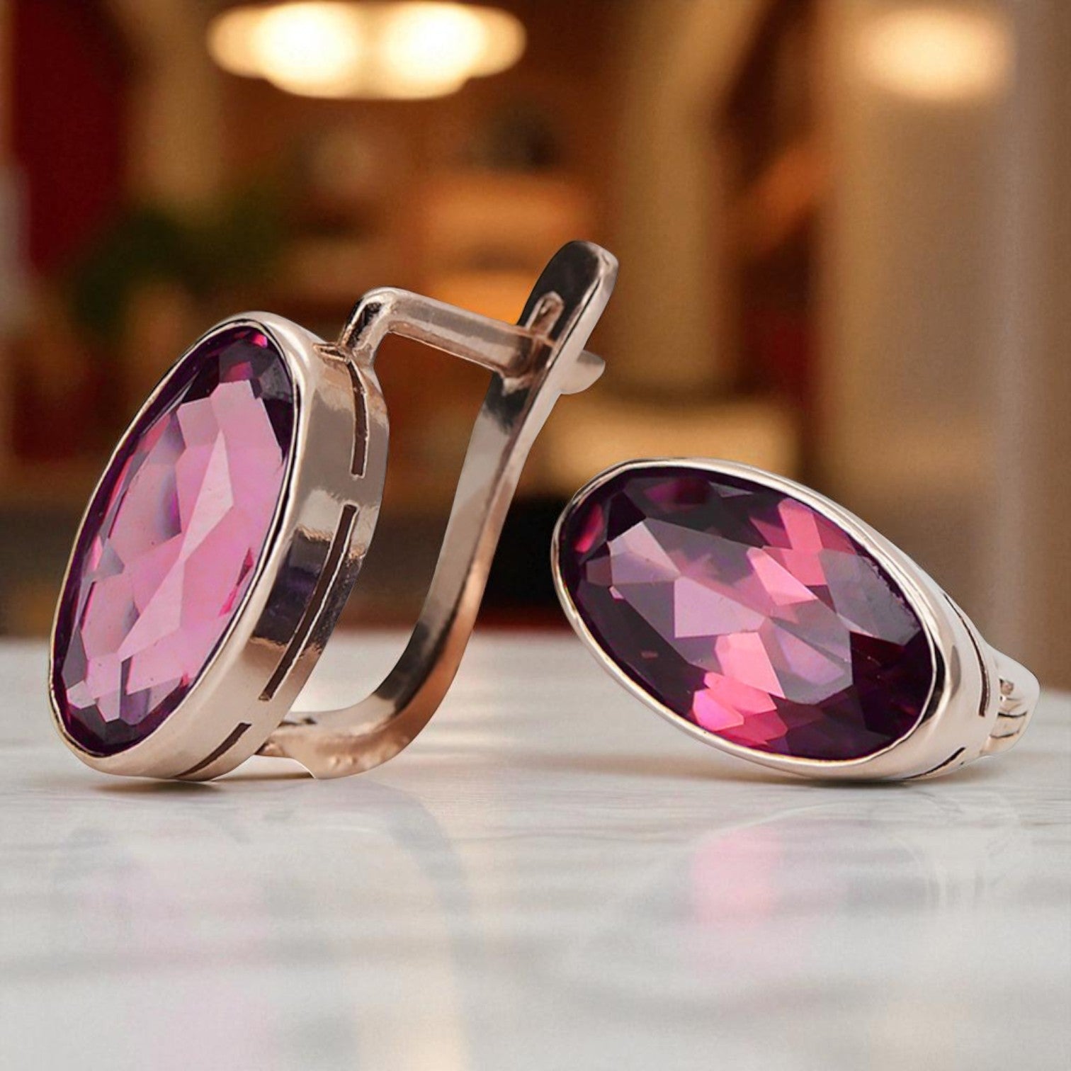 Rose pink 14k 585 gold ruby earrings vec001 Vintage Russian Soviet style