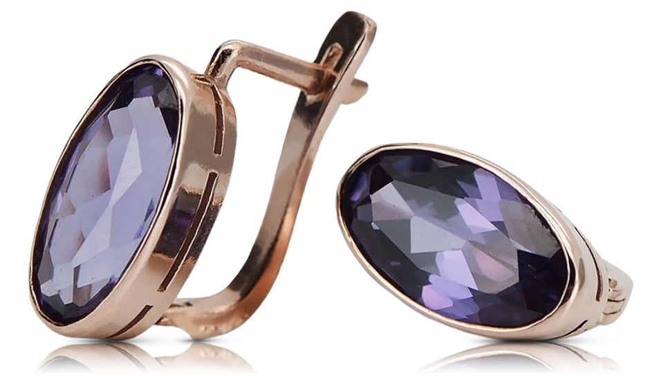 Rose pink 14k 585 gold alexandrite earrings vec001 Vintage Russian Soviet style vec001r-ax