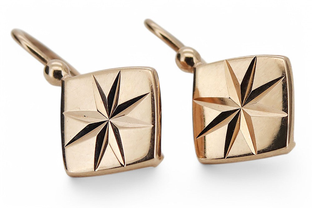Rose pink 14k 585 gold Vintage square earrings ven049