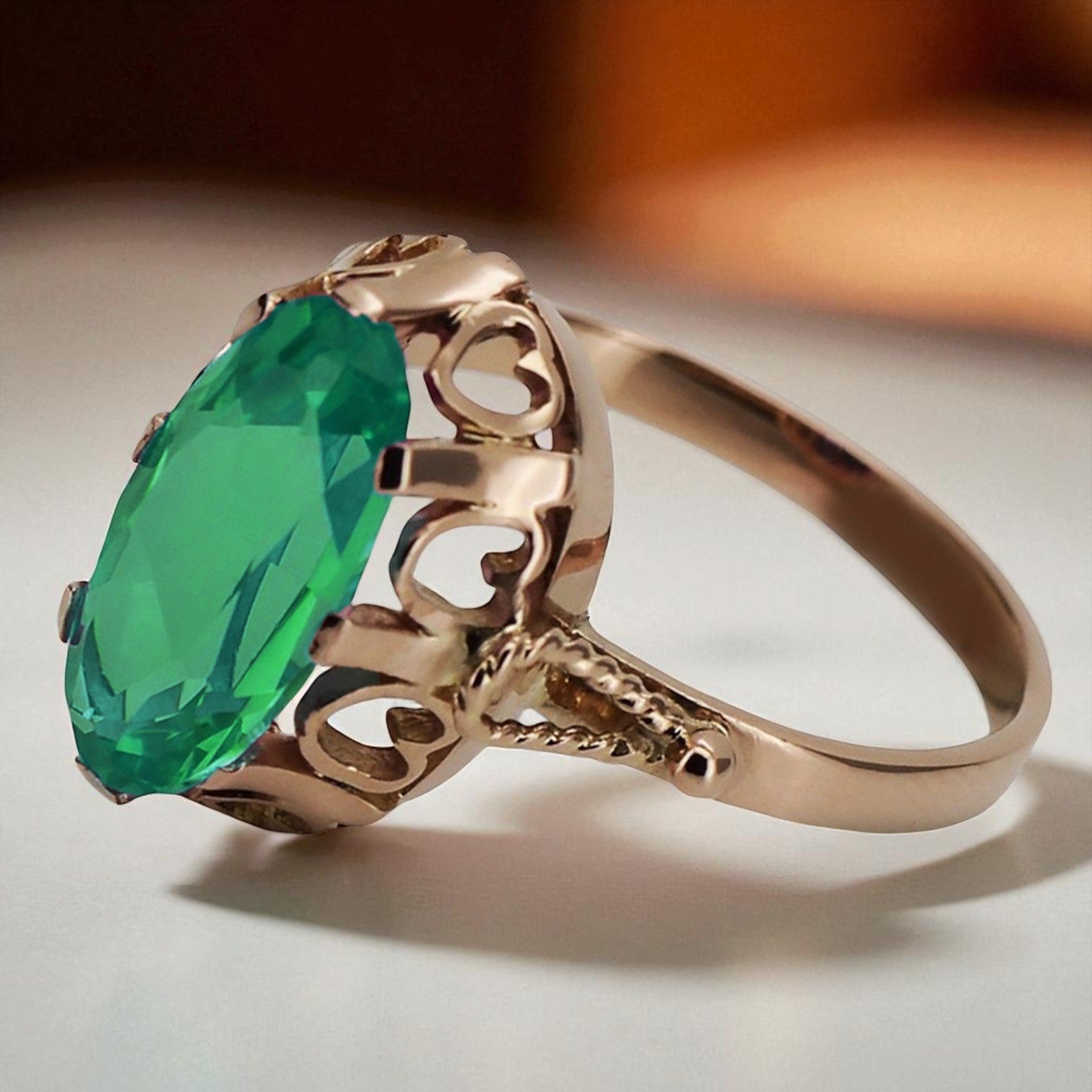 Vintage rose pink 14k gold 585 Emerald ring vrc134 Vintage