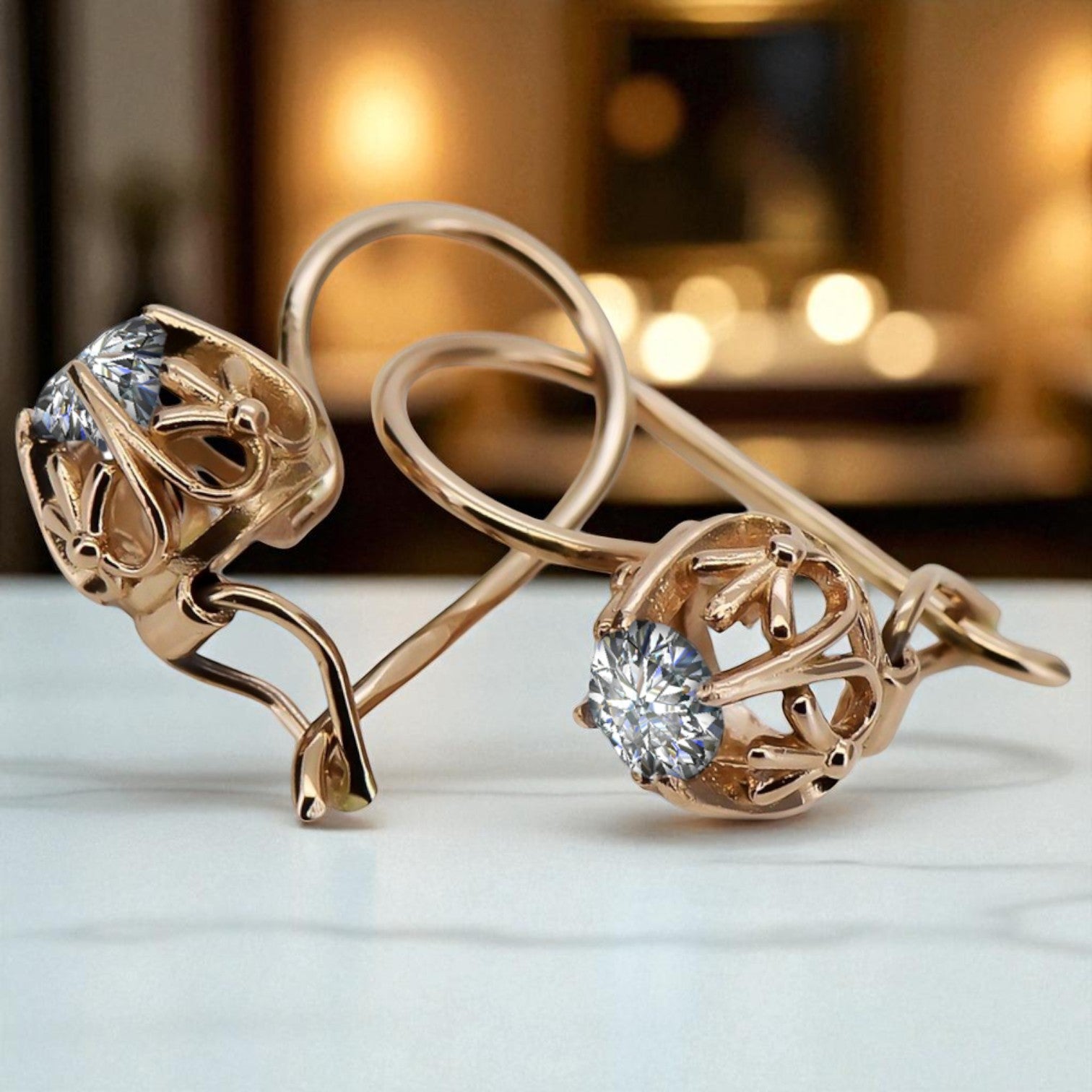 Earrings Vintage craft Zircon Original Vintage 14K Rose Gold vec145r