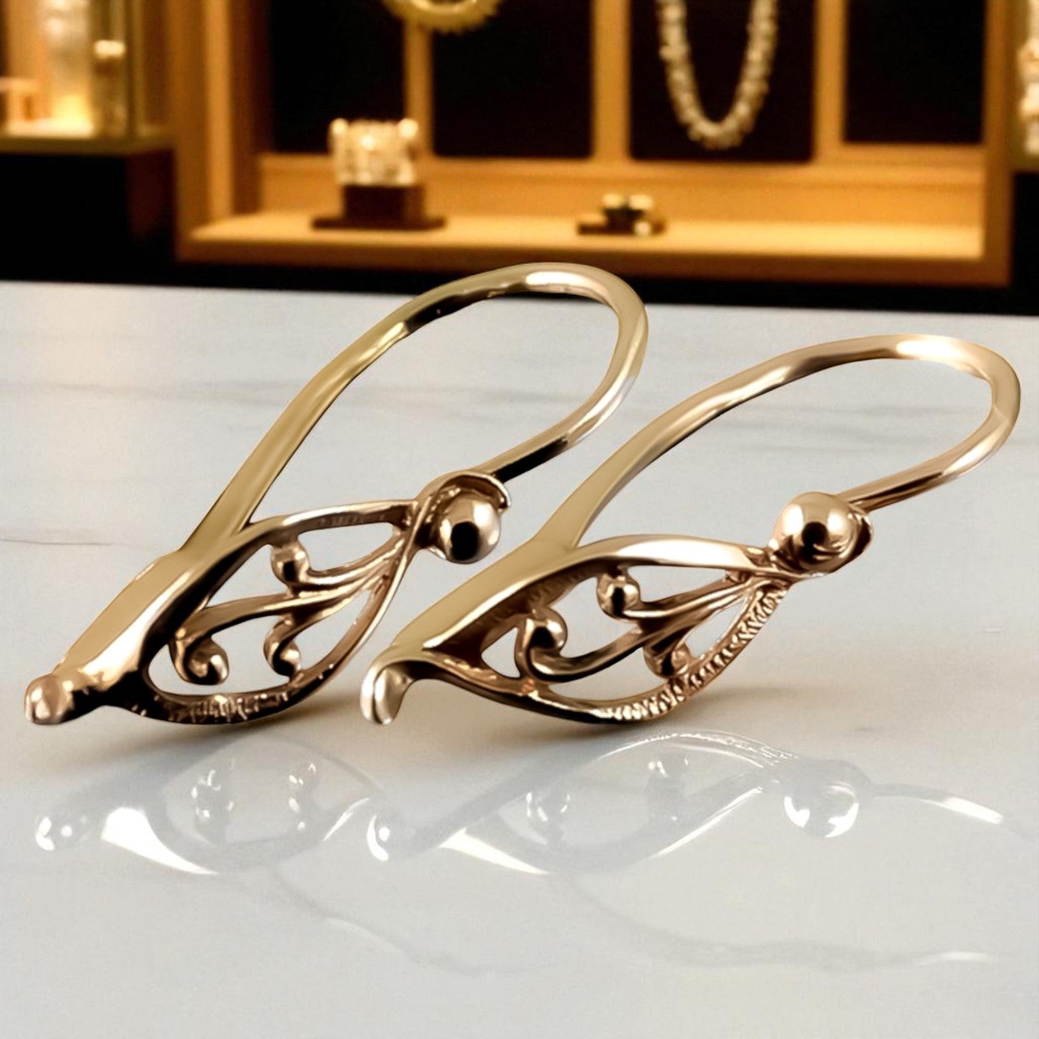 Vintage rose pink 14k 585 gold  Vintage leaf earrings ven252