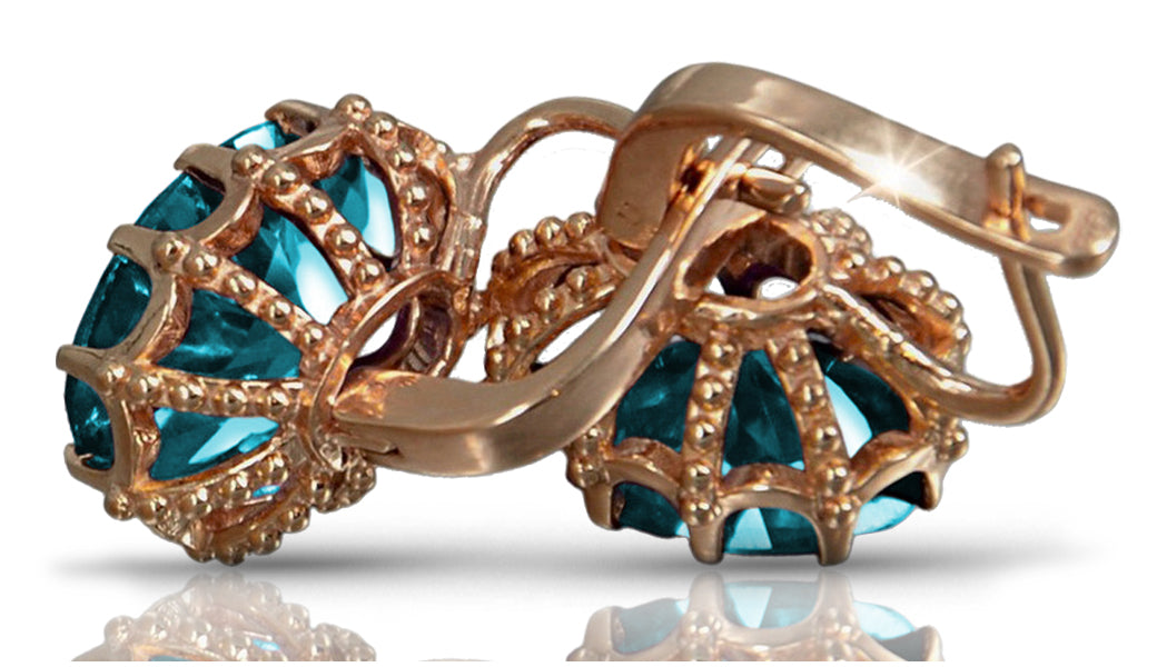 Vintage rose pink 14k 585 gold aquamarine earrings vec079 Vintage vec079r-aq