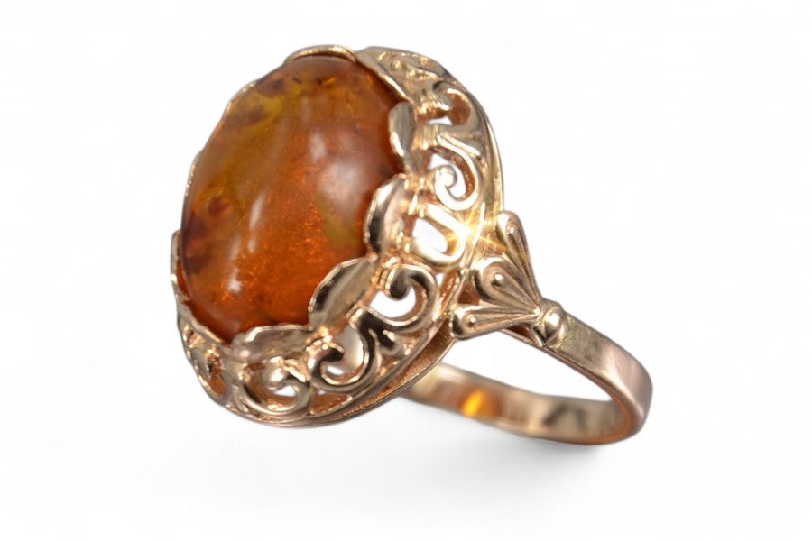 Vintage rose 14k 585 gold amber ring vrab054