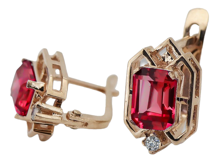 Ruby diamonds Vintage Earrings craft Original 14K Rose Gold vec020r