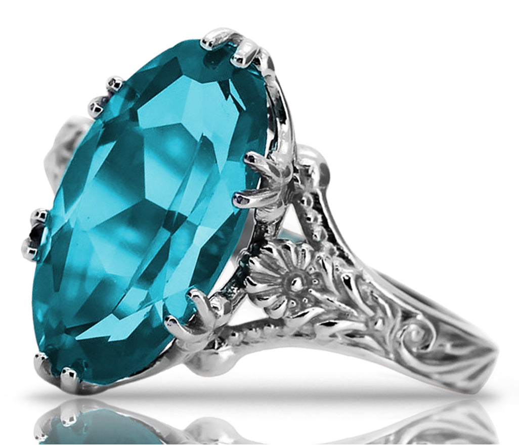 Vintage Silver 925 Aquamarine Ring, Oval 8mm/15mm