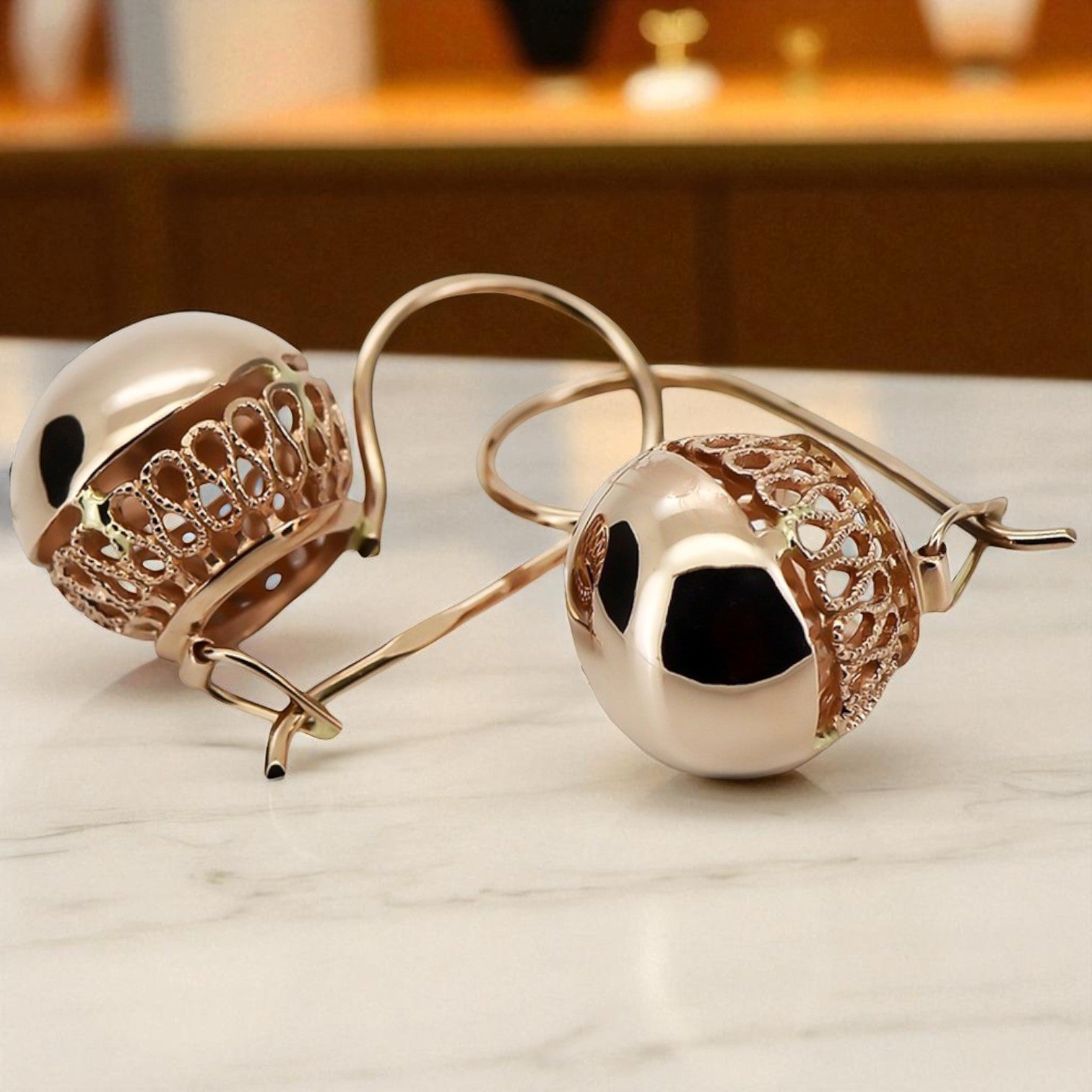 Vintage rose pink 14k 585 gold Vintage ball earrings ven122