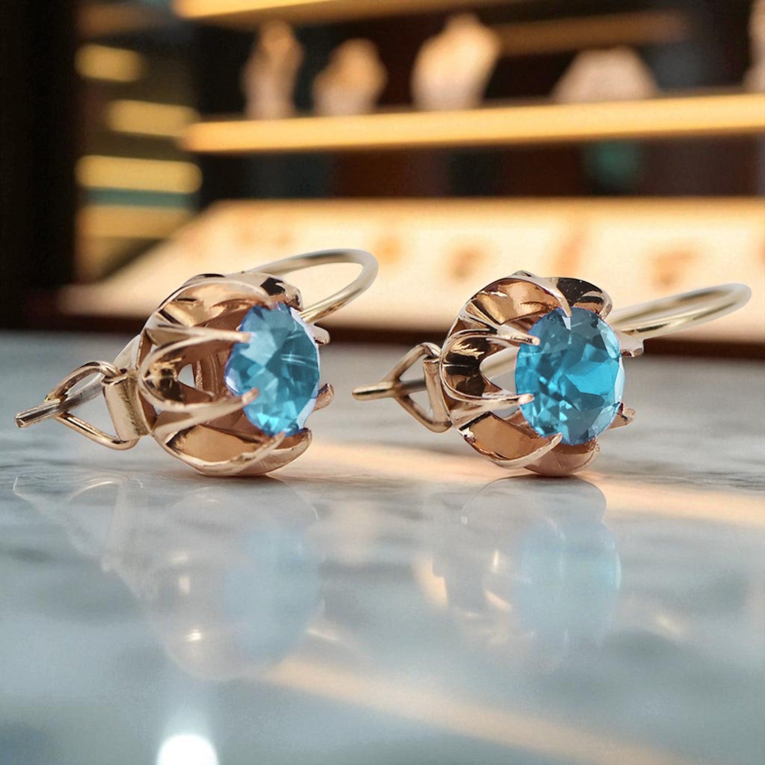 Vintage rose pink 14k 585 gold aquamarine earrings vec062 vec062r-aq