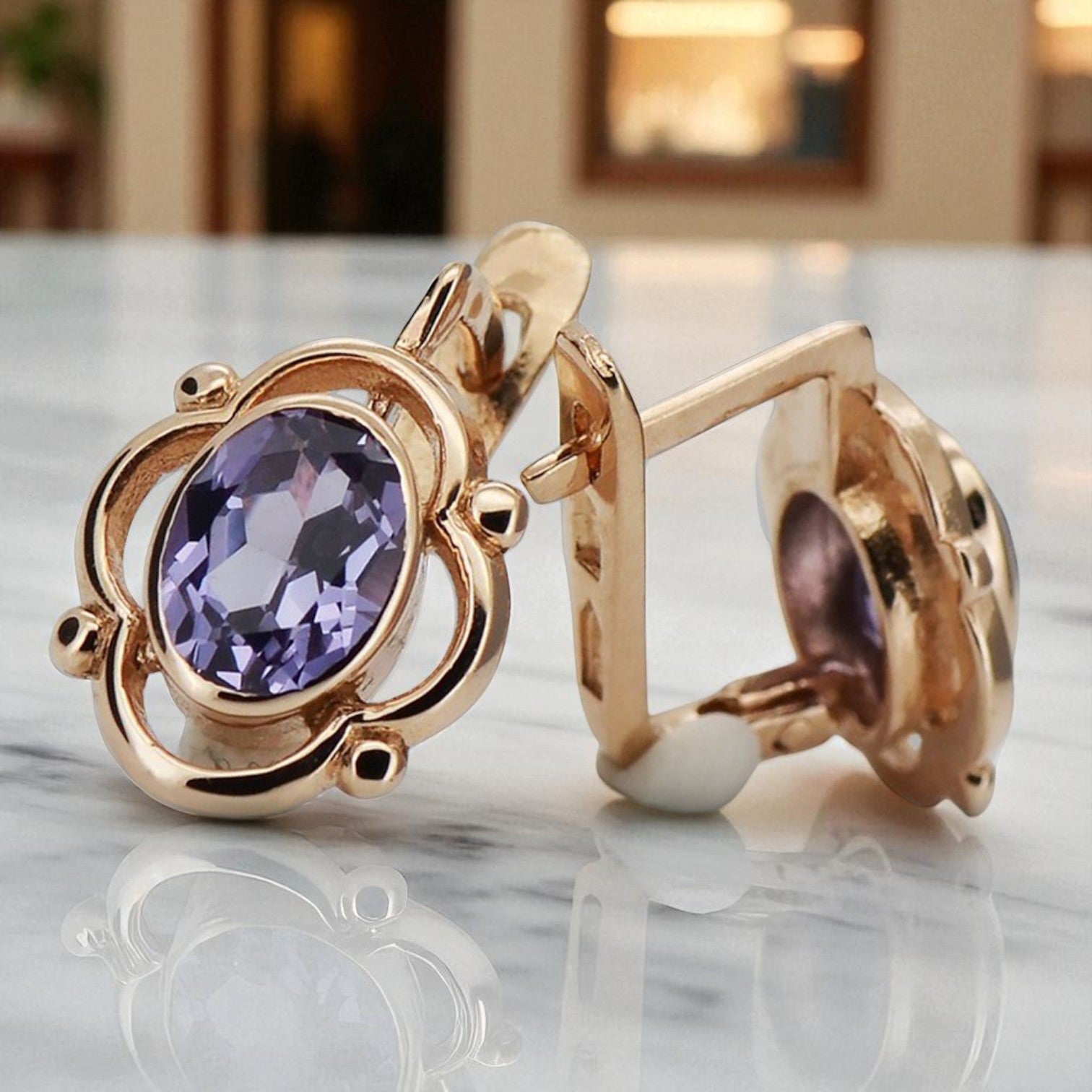 14k Rose Gold Alexandrite Earrings vec033r-ax Russian Soviet Vintage style