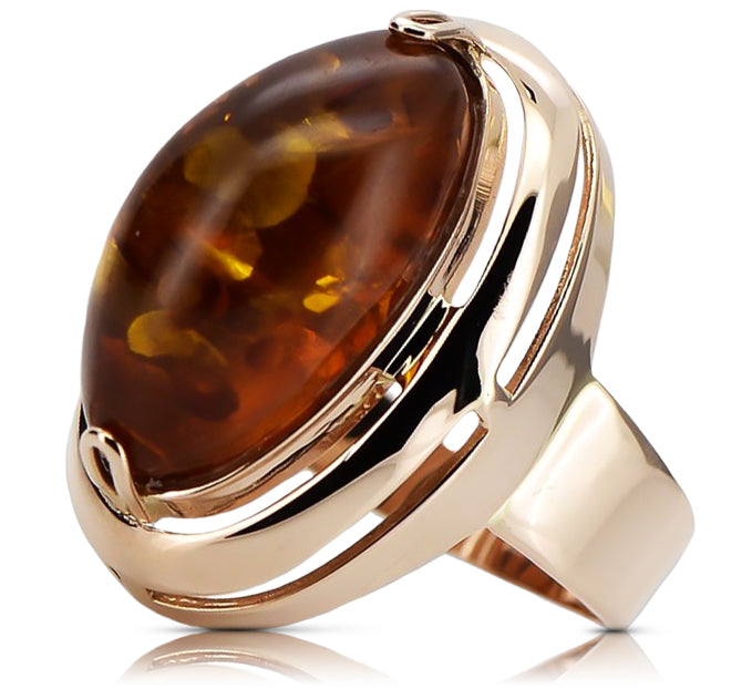 Rose pink 14k 585 gold amber ring vrab004 Russian Soviet jewelry style