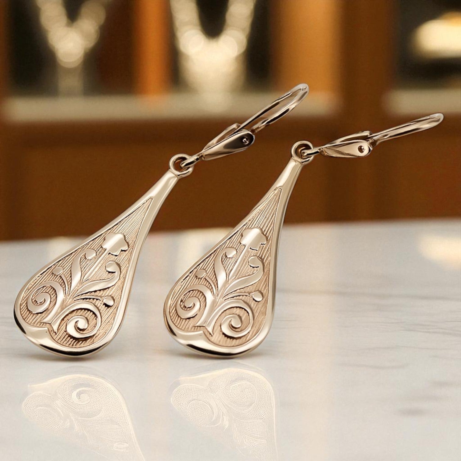 Vintage rose pink 14k 585 gold Vintage leaf earrings ven147