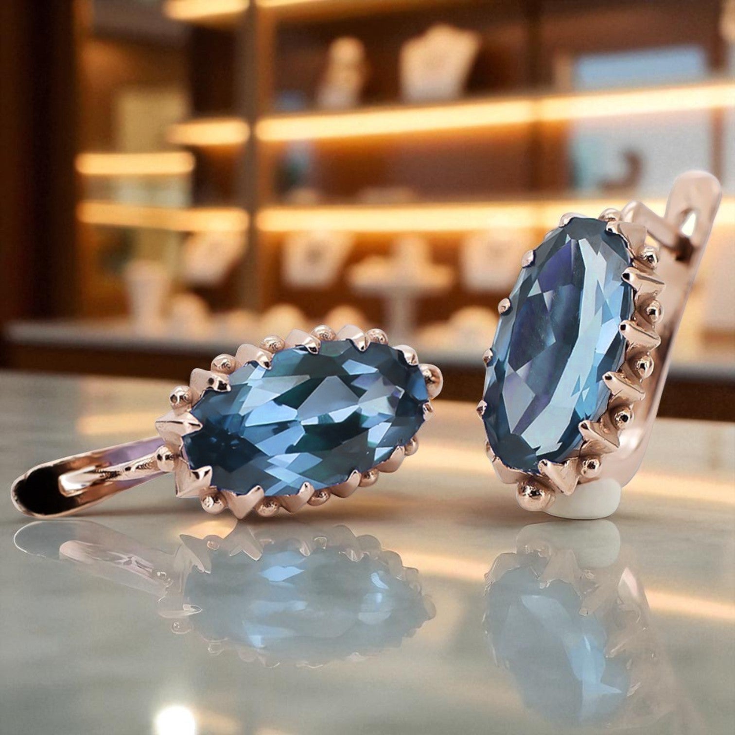 Rose pink 14k 585 gold aquamarine earrings vec174 Vintage vec174r-aq