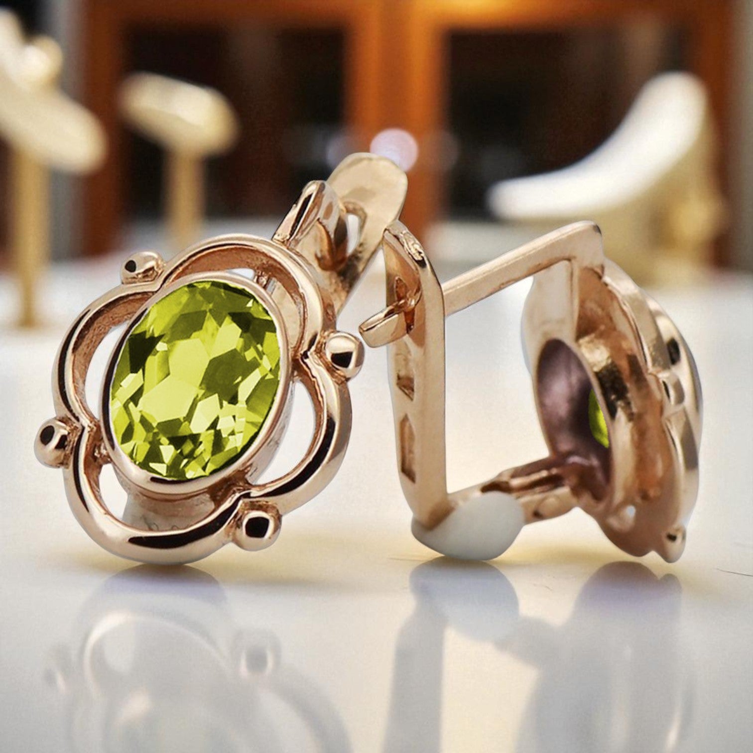 Vintage rose pink 14k 585 gold peridot earrings vec033 Russian Soviet style vec033r-yp