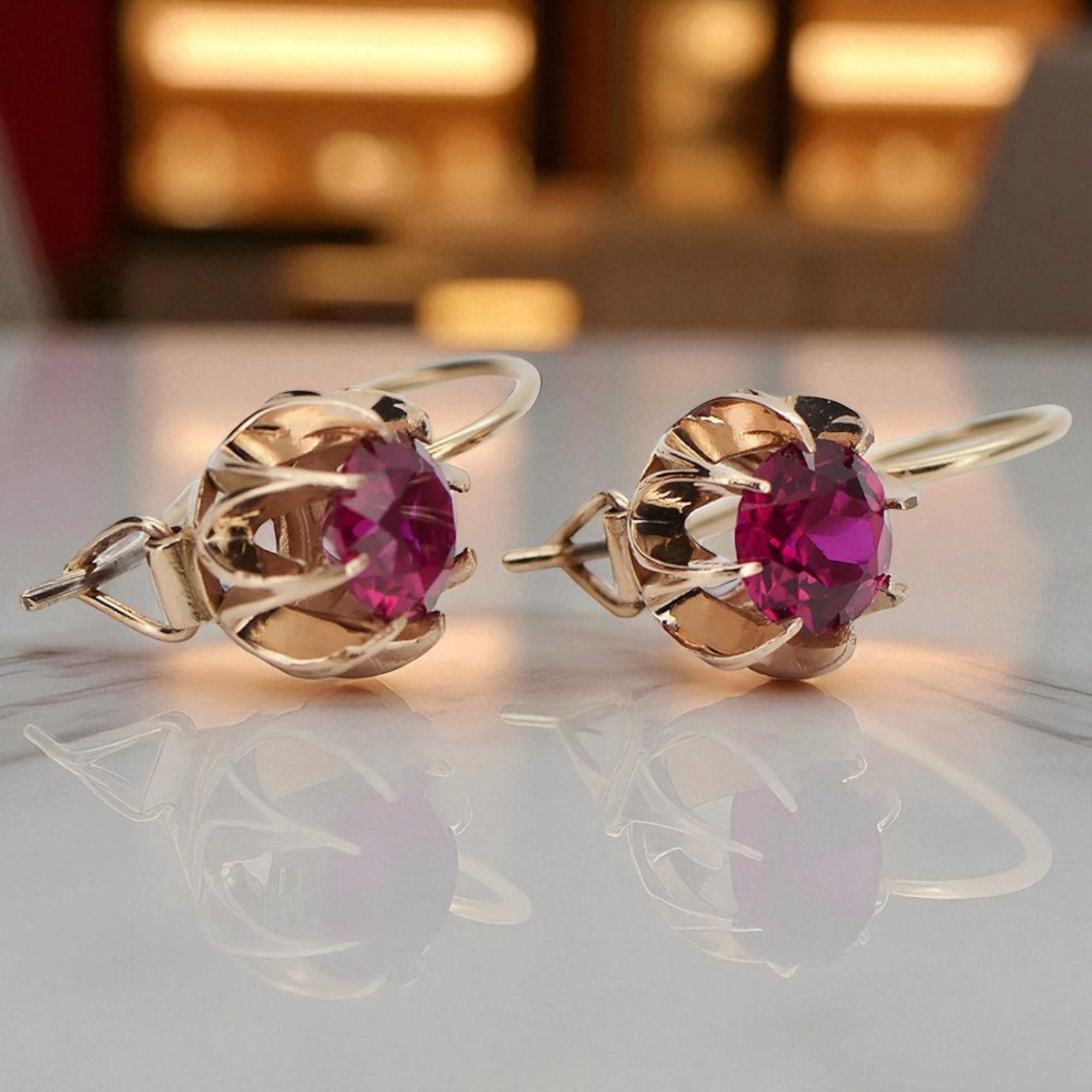 Vintage rose pink 14k 585 gold ruby earrings vec062 vec062r-rb