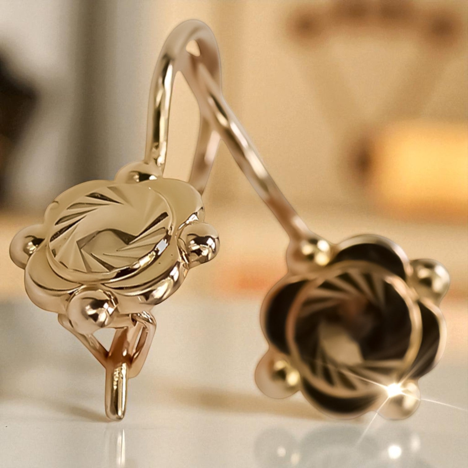 Vintage rose pink 14k 585 gold  Vintage leaf earrings ven082