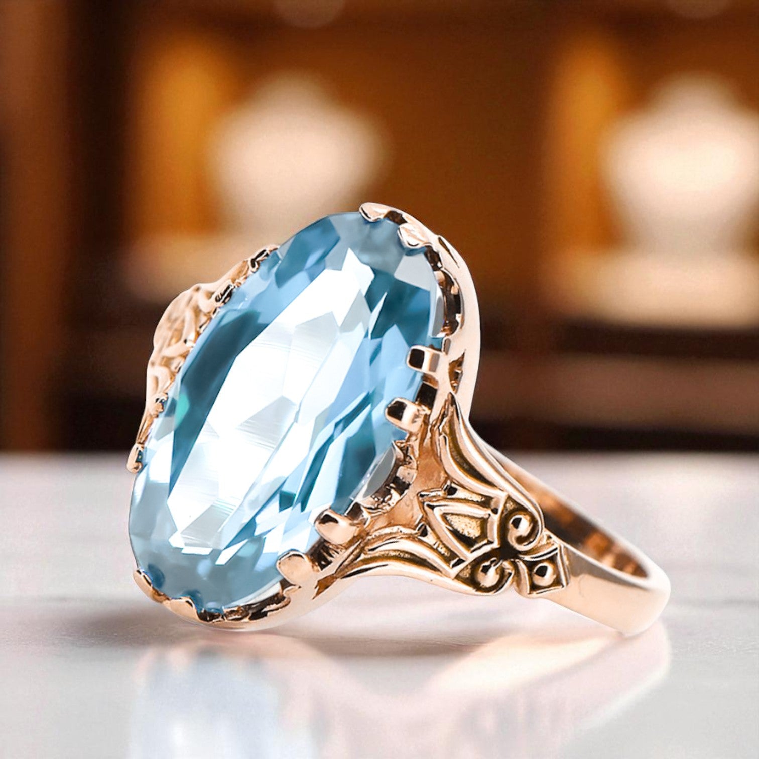 Ring Vintage style Aquamarine Original Vintage 14K Rose Gold vrc058r