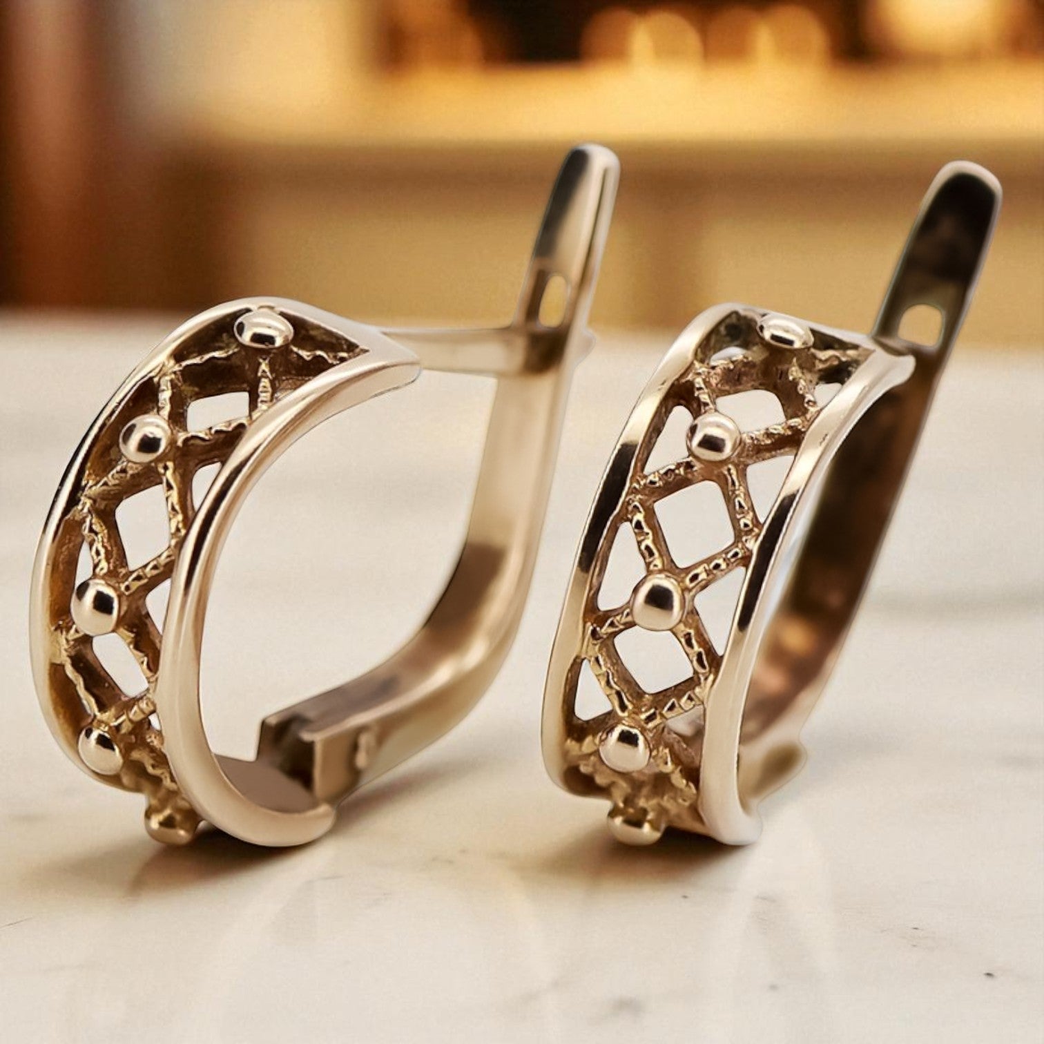 Vintage rose pink 14k 585 gold Vintage Hoops ven145