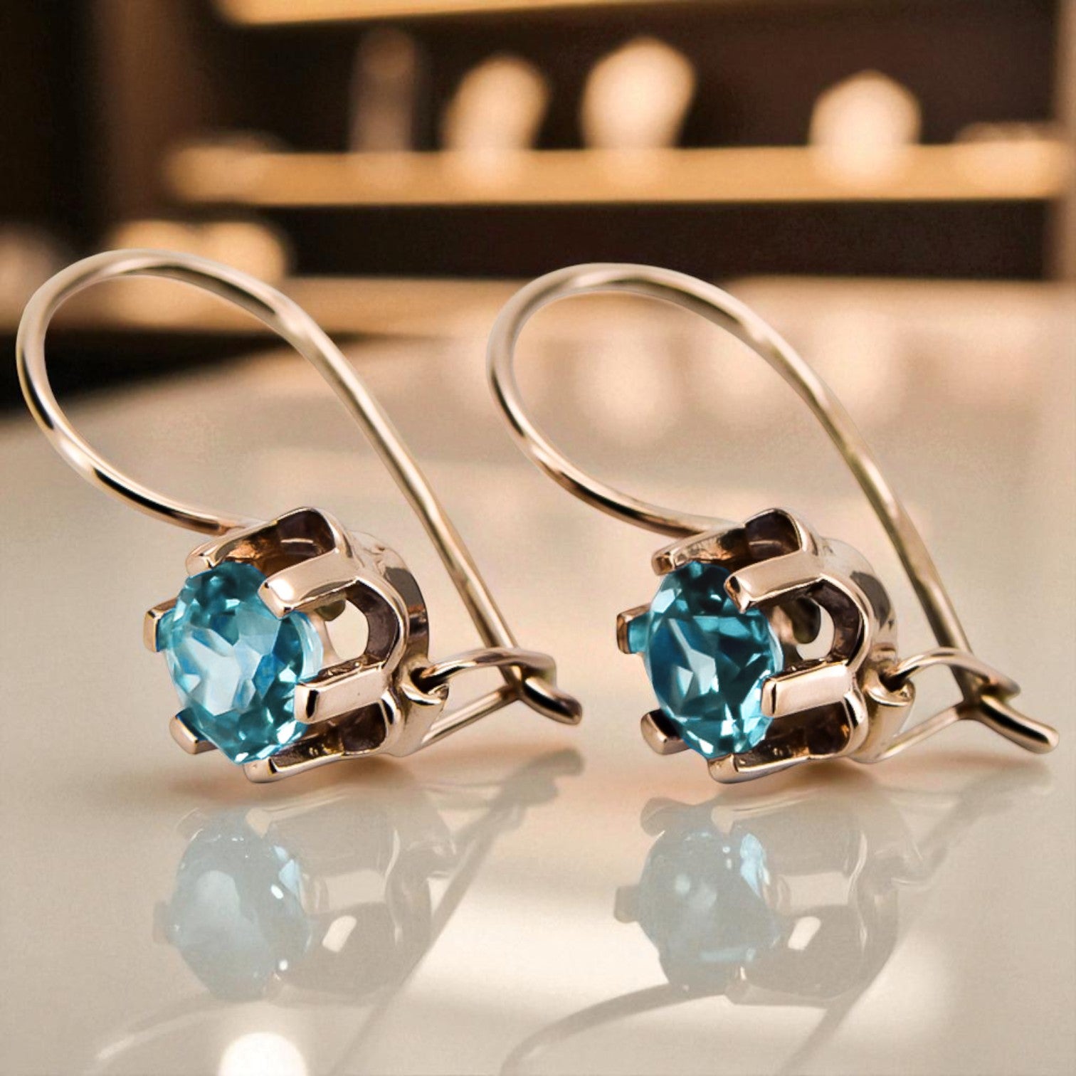 Rose pink 14k 585 gold aquamarine earrings vec019 Vintage Russian Soviet style vec019r-aq