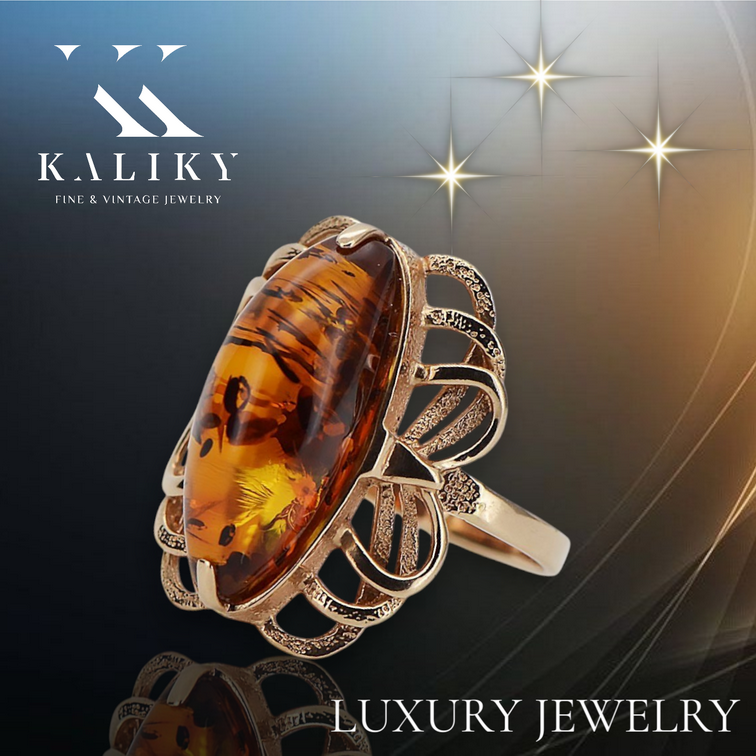 Rose 14k 585 gold amber ring vrab019 Russian Soviet Vintage jewelry style