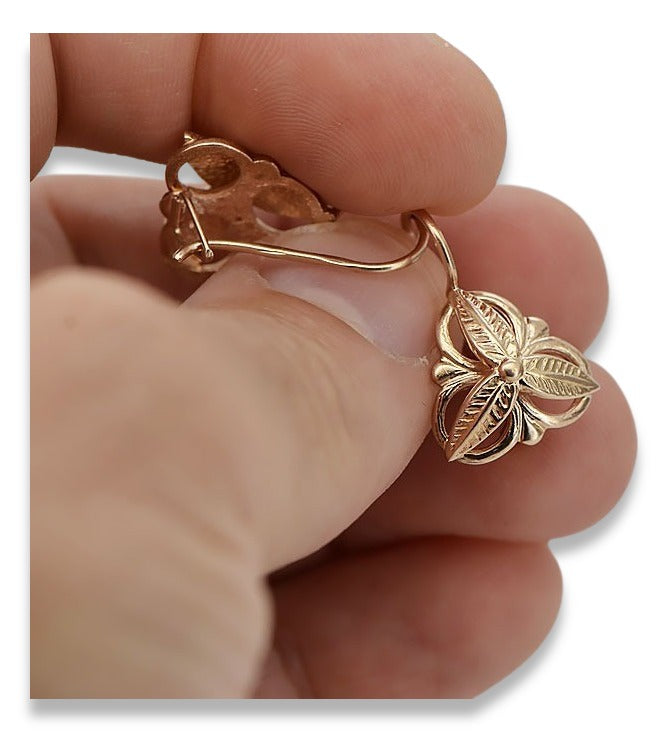 Vintage rose pink 14k 585 gold  Vintage leaf earrings ven064