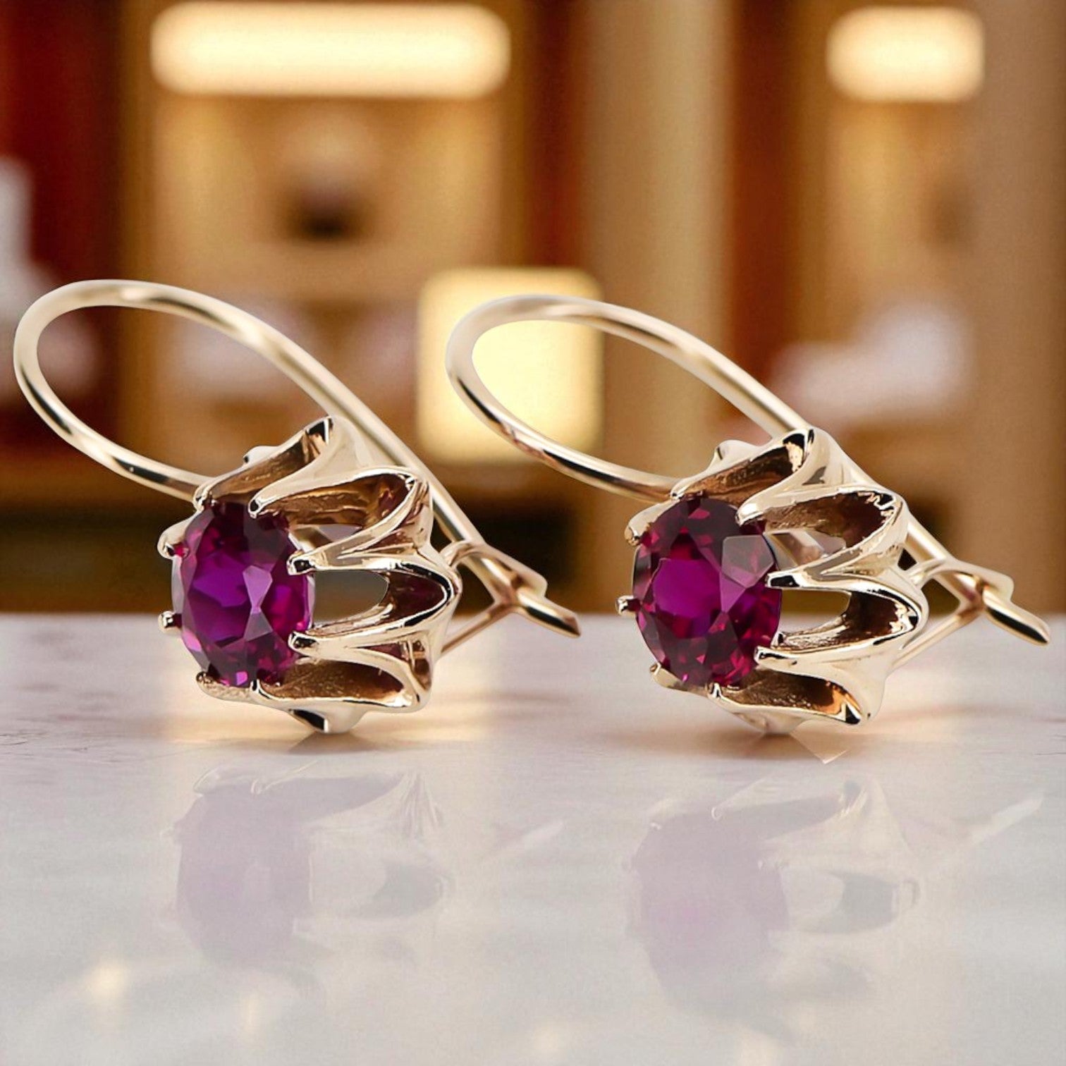 Rose pink 14k 585 gold ruby earrings vec092 Vintage Russian Soviet style vec092r-rb