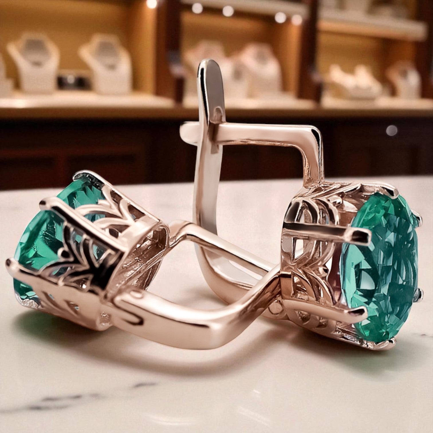 Rose pink 14k 585 gold emerald earrings vec003 Vintage Russian Soviet style vec003r-em