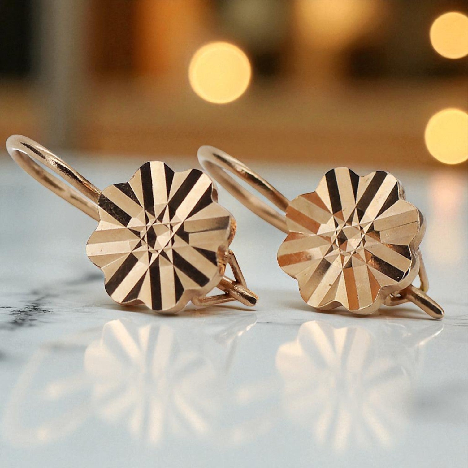 Vintage rose pink 14k 585 gold flower earrings ven163