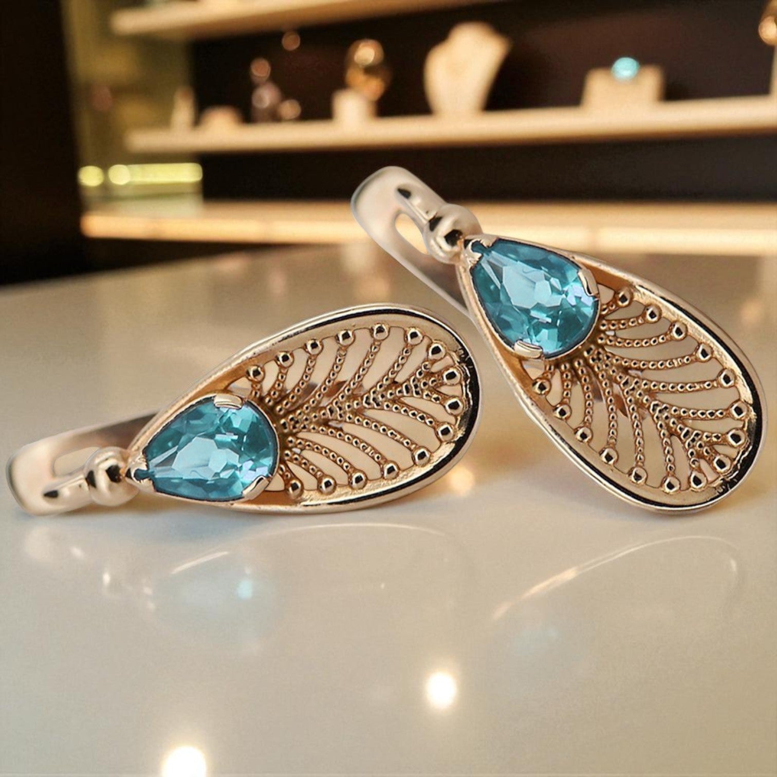 Vintage rose pink 14k 585 gold aquamarine earrings vec067 Vintage vec067r-aq