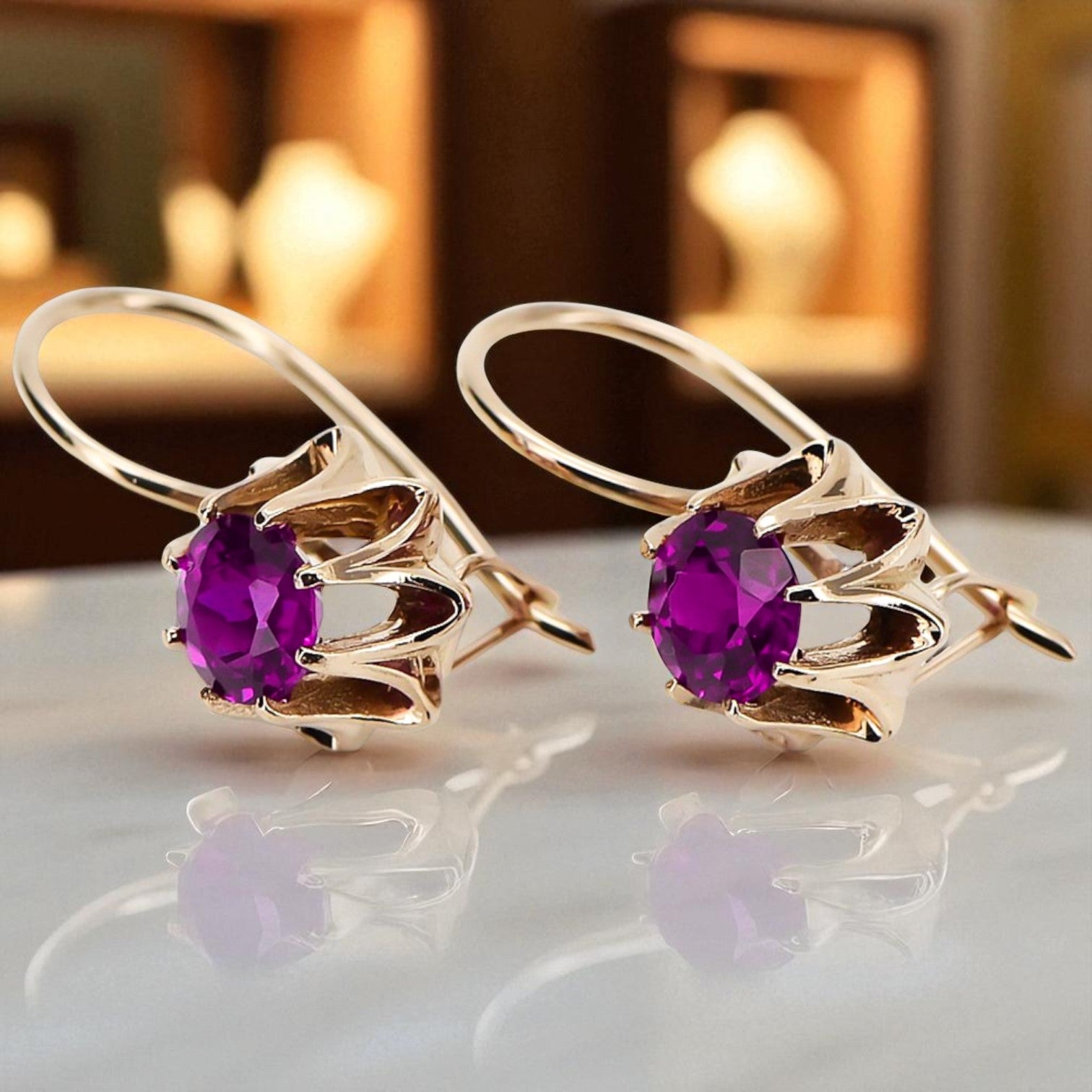 Rose pink 14k 585 gold amethyst earrings vec092 Vintage vec092r-am