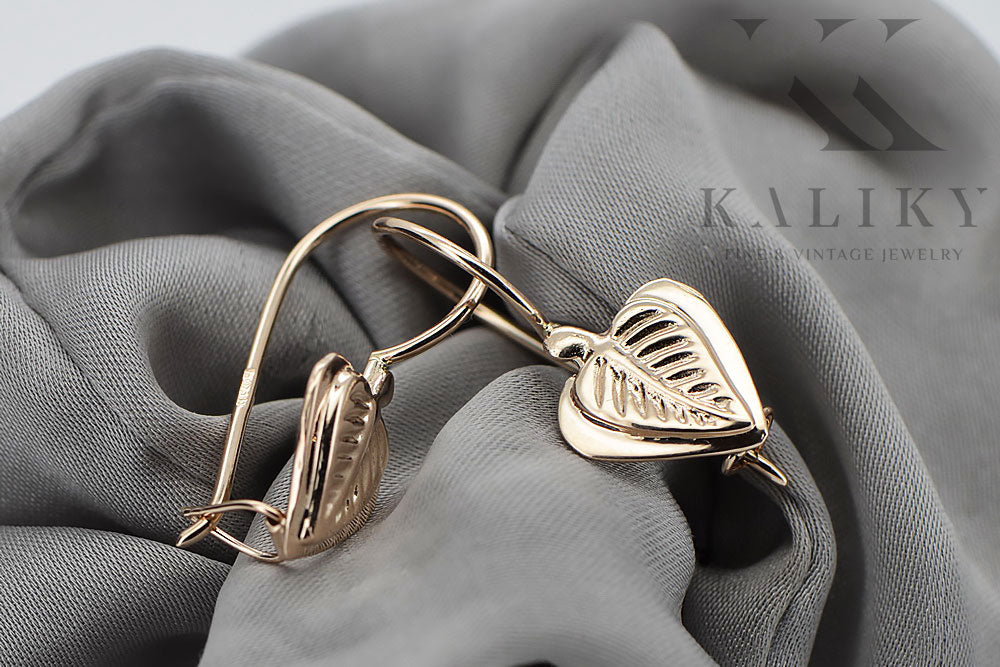 Vintage rose pink 14k 585 gold Vintage leaf earrings ven015
