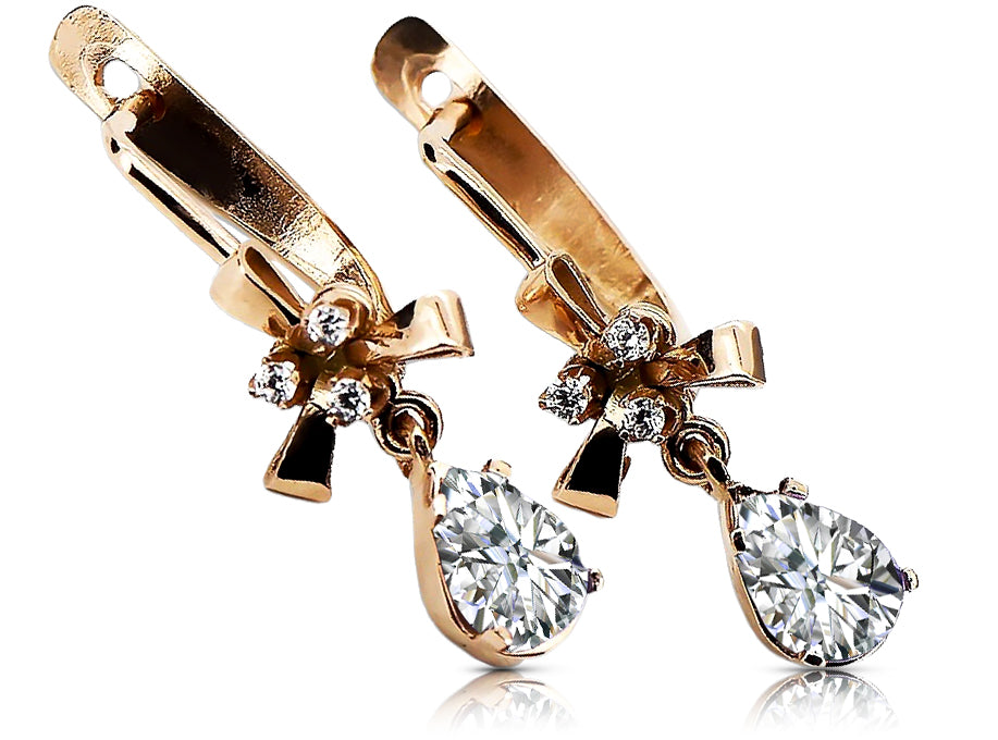 Rose pink 14k 585 gold zircon earrings vec045 Vintage Russian Soviet style