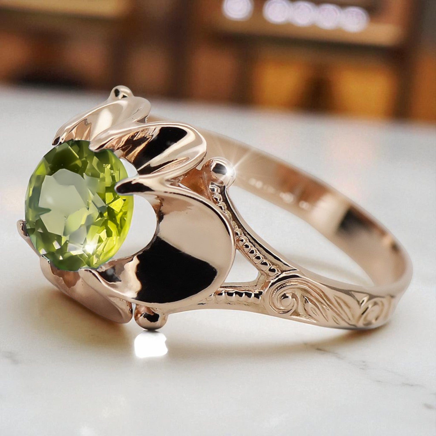 Vintage style Ring Yellow Peridot Original Vintage 14K Rose Gold vrc377r vrc377r-yp