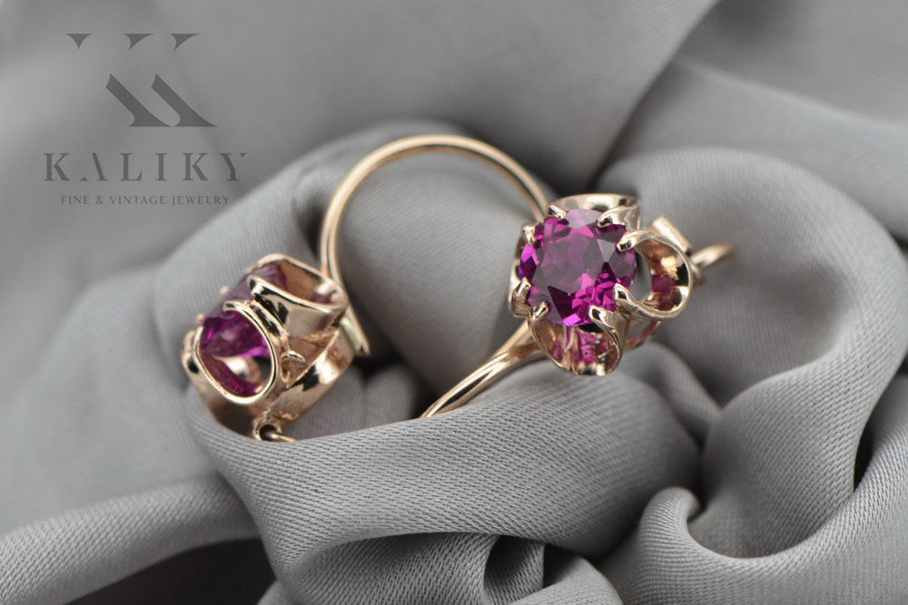 Rose pink 14k 585 gold amethyst earrings vec035 Vintage Russian Soviet style vec035r-am